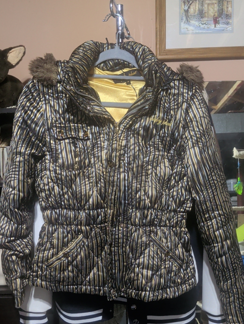 Baby Phat Black & Gold Striped Quilted Puffer with Faux Fur Trim